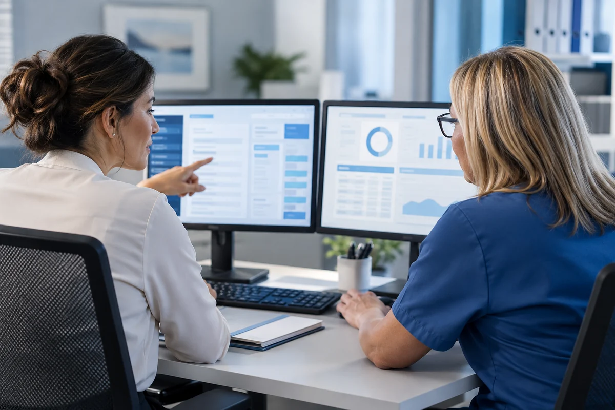 Practice manager and billing specialist reviewing two office computer monitors