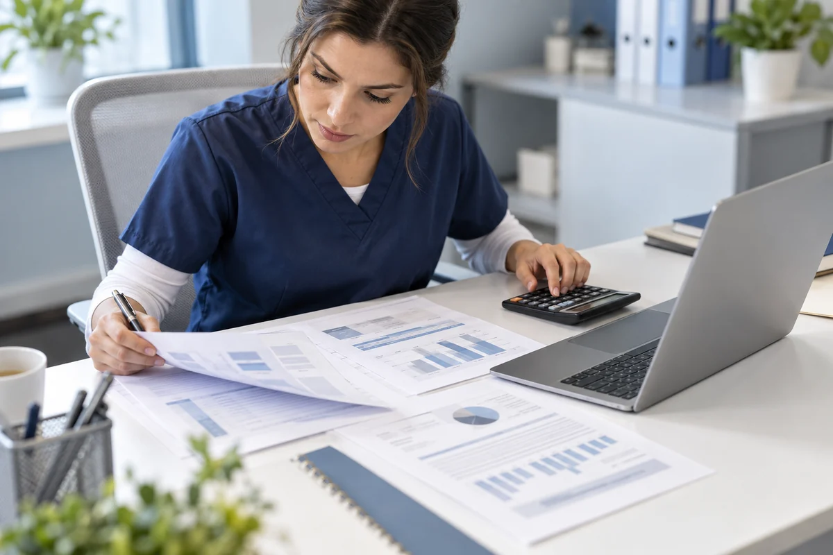 Medical practice billing coordinator comparing software fees with a calculator