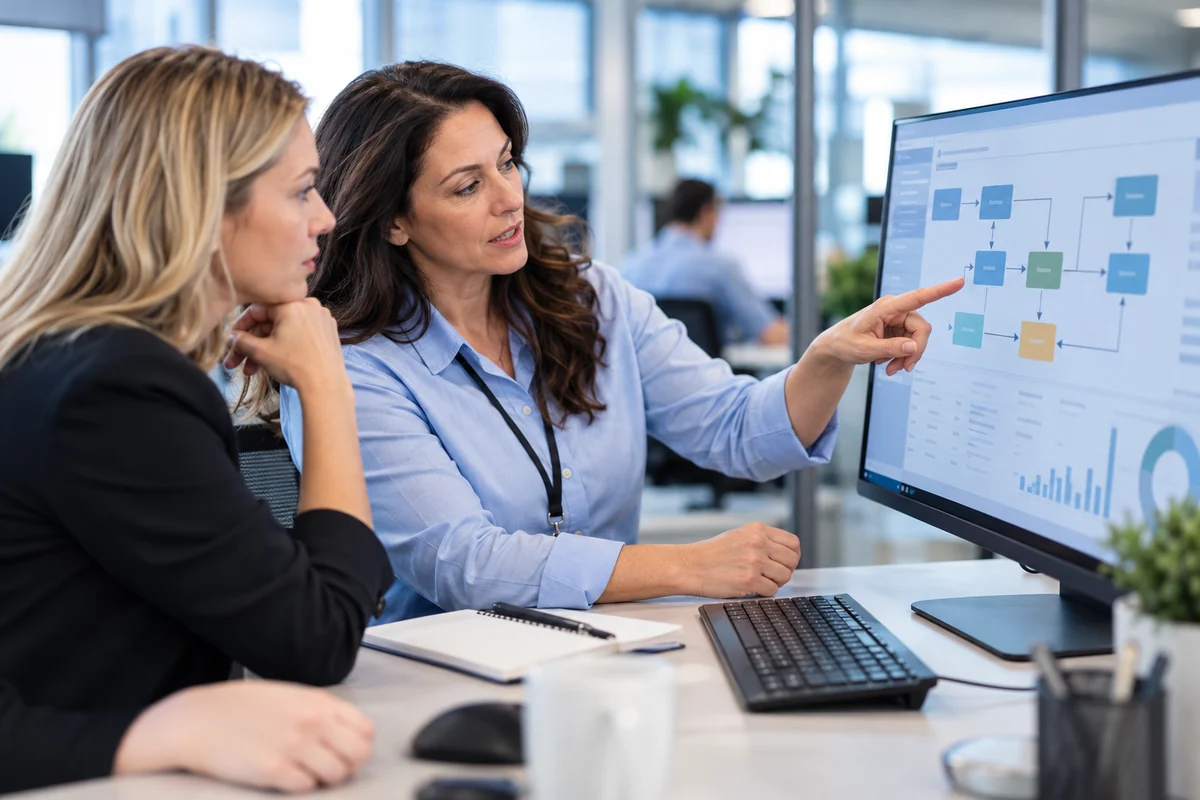 Medical billing supervisor demonstrating a claims workflow on an office monitor