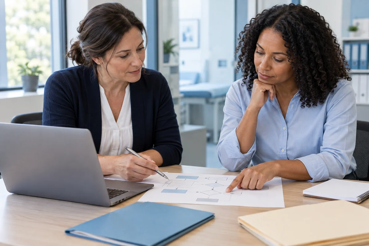 Medical office administrators planning a software migration with a laptop and folders