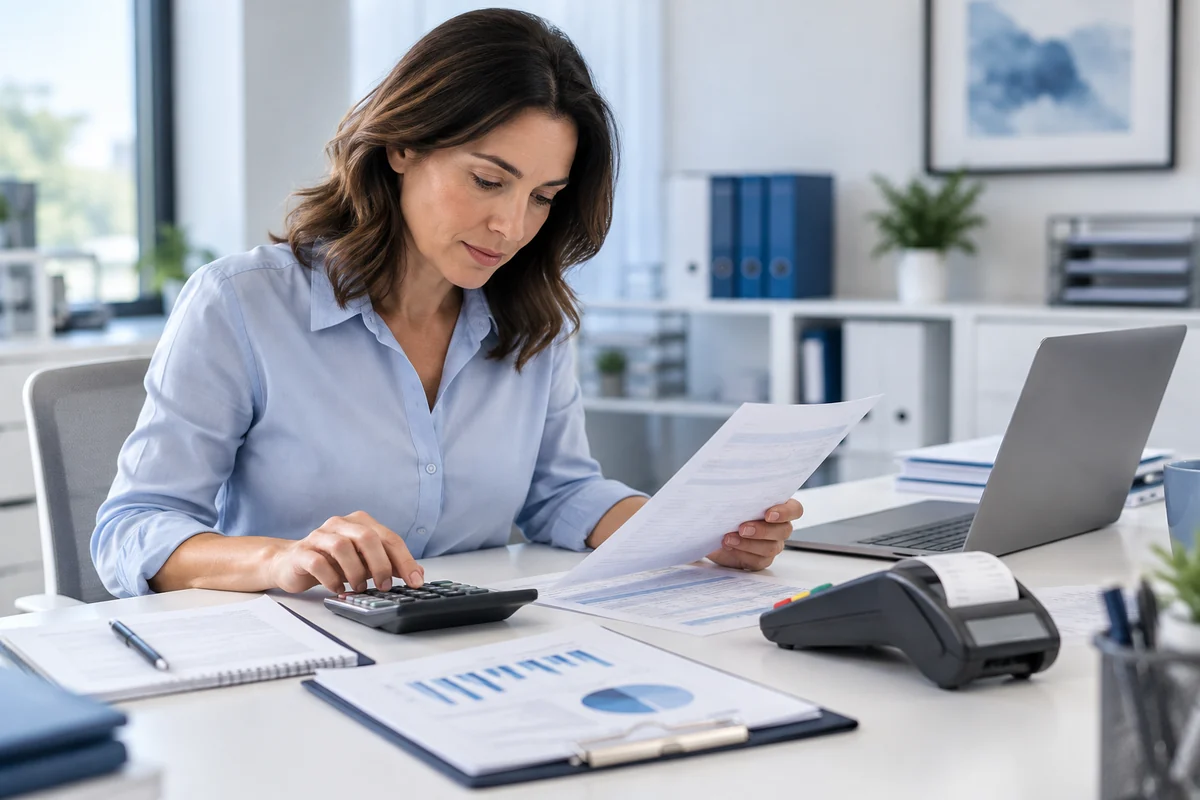 Practice financial administrator reviewing payment costs with a terminal and calculator