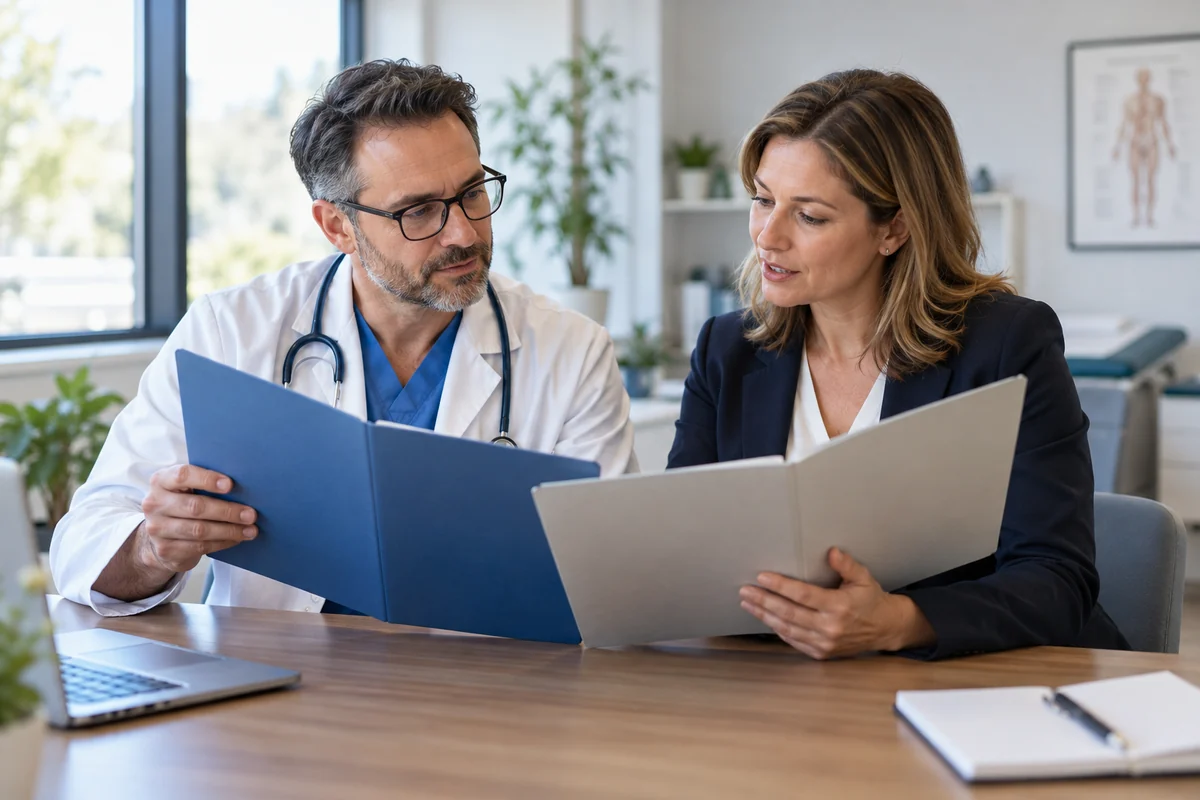 Medical practice owner and billing adviser comparing two service folders