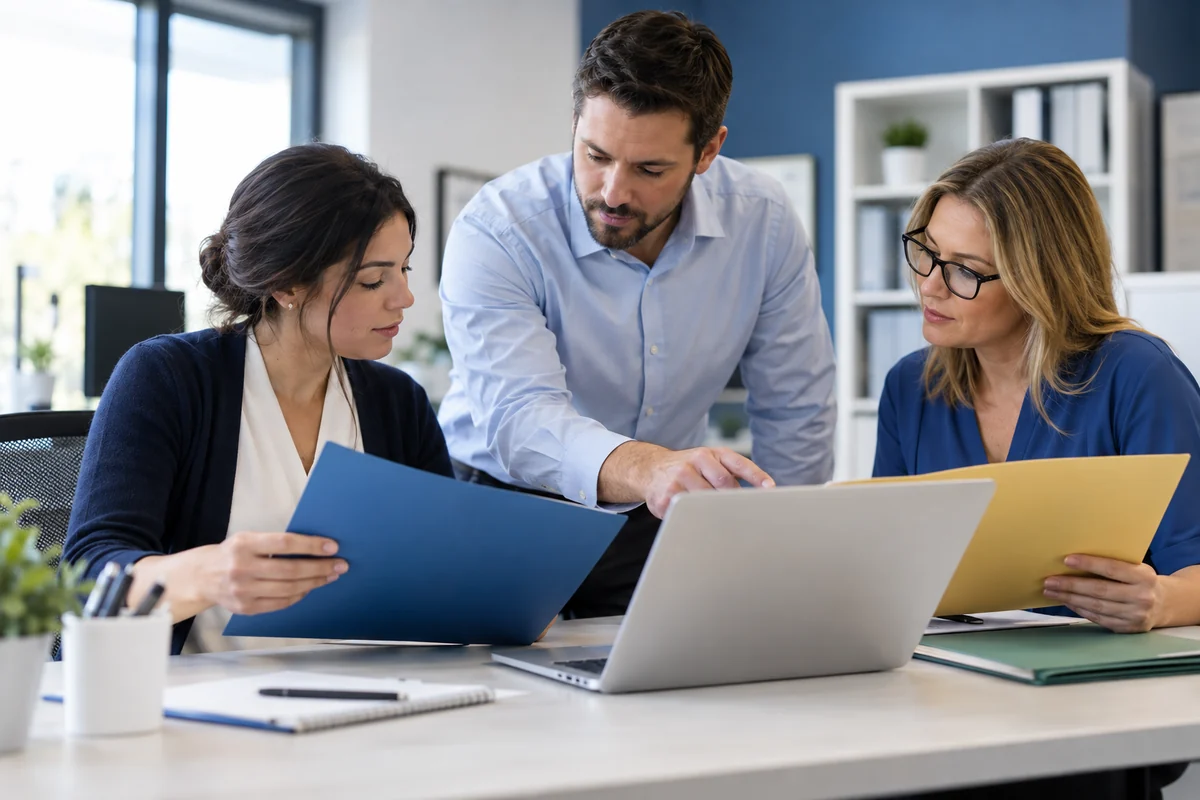 Billing company operations staff discussing separate client workflows at a table