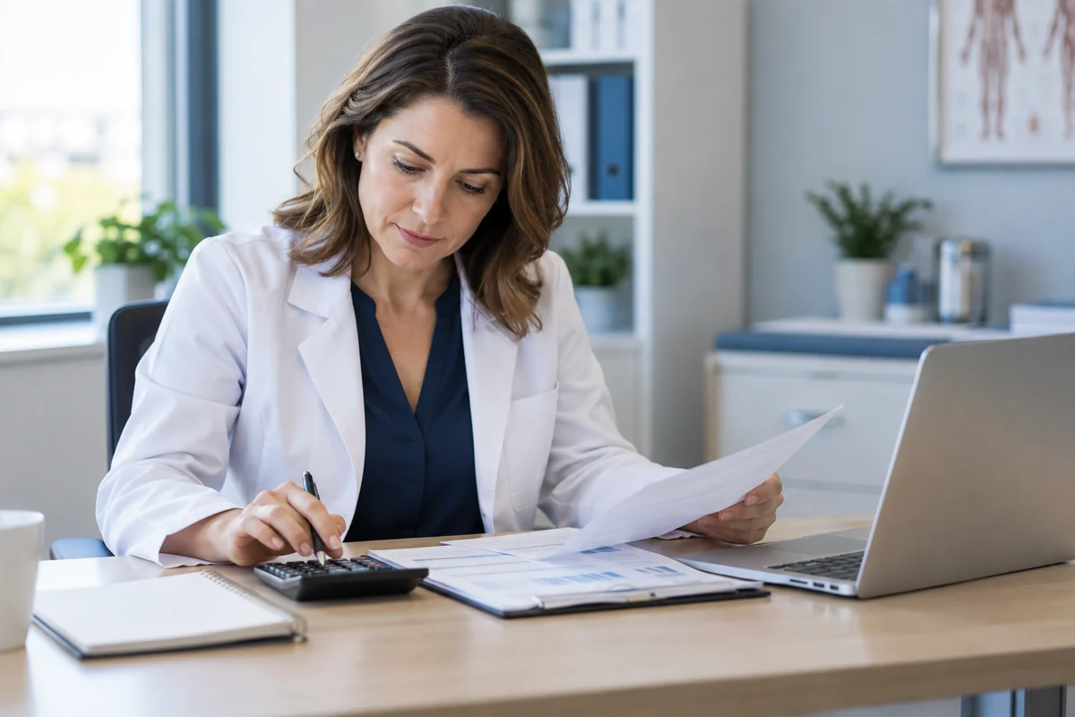 Solo medical practice owner reviewing a software budget with a calculator