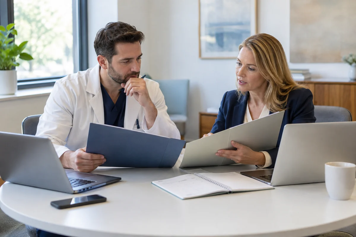 Practice owner and administrator comparing annual and monthly software folders