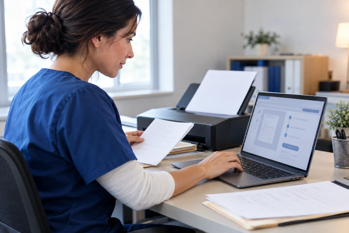 Medical billing specialist reviewing a document upload beside a scanner