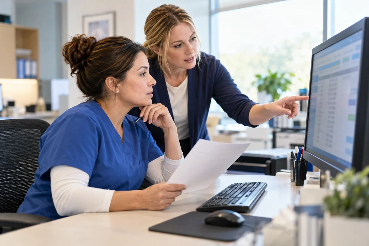 Two medical billers reviewing payment posting with a checklist